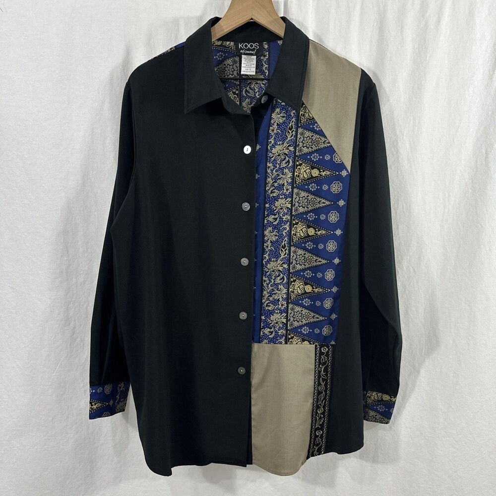 Koos Of Course Mixed Pattern Blue Black Button Up Shirt Womens Size L Lagenlook
